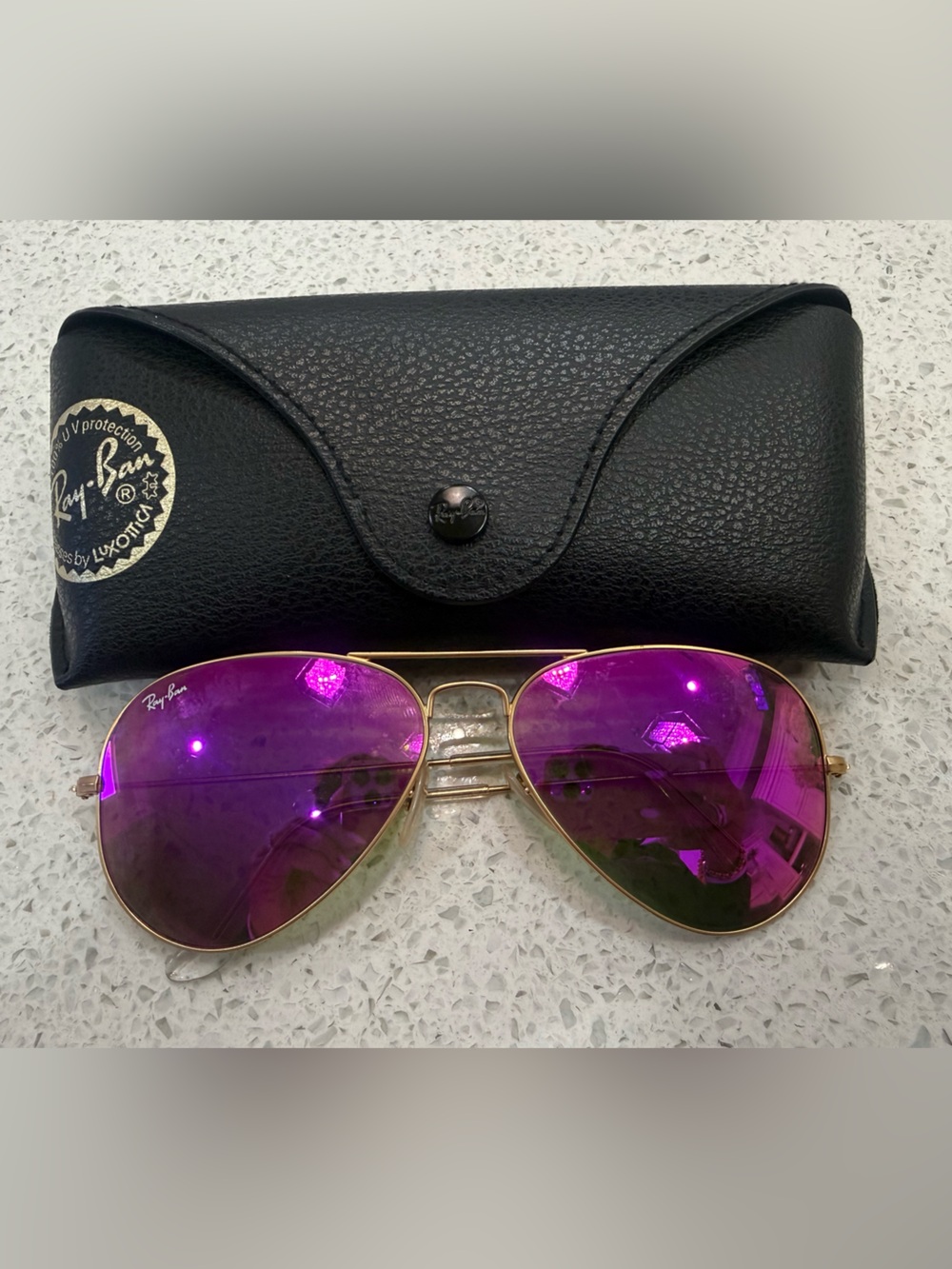 Ray-Ban Women's Aviator Sunglasses with Purple Mirror Lenses and Gold Frame